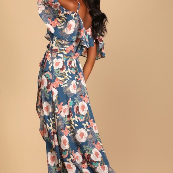 Lulu's Fully Bloomed Blue Floral Print Off-the-Shoulder Maxi Wrap Dress - Picture 3 of 6